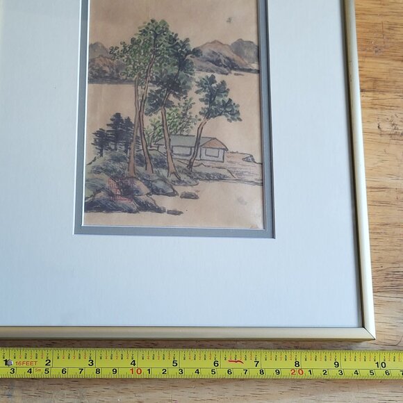 VINTAGE CHINESE LANDSCAPE SCENE PAINTING RED SEAL MARK FRAMED GOLD FRAME GUC - Picture 9 of 9